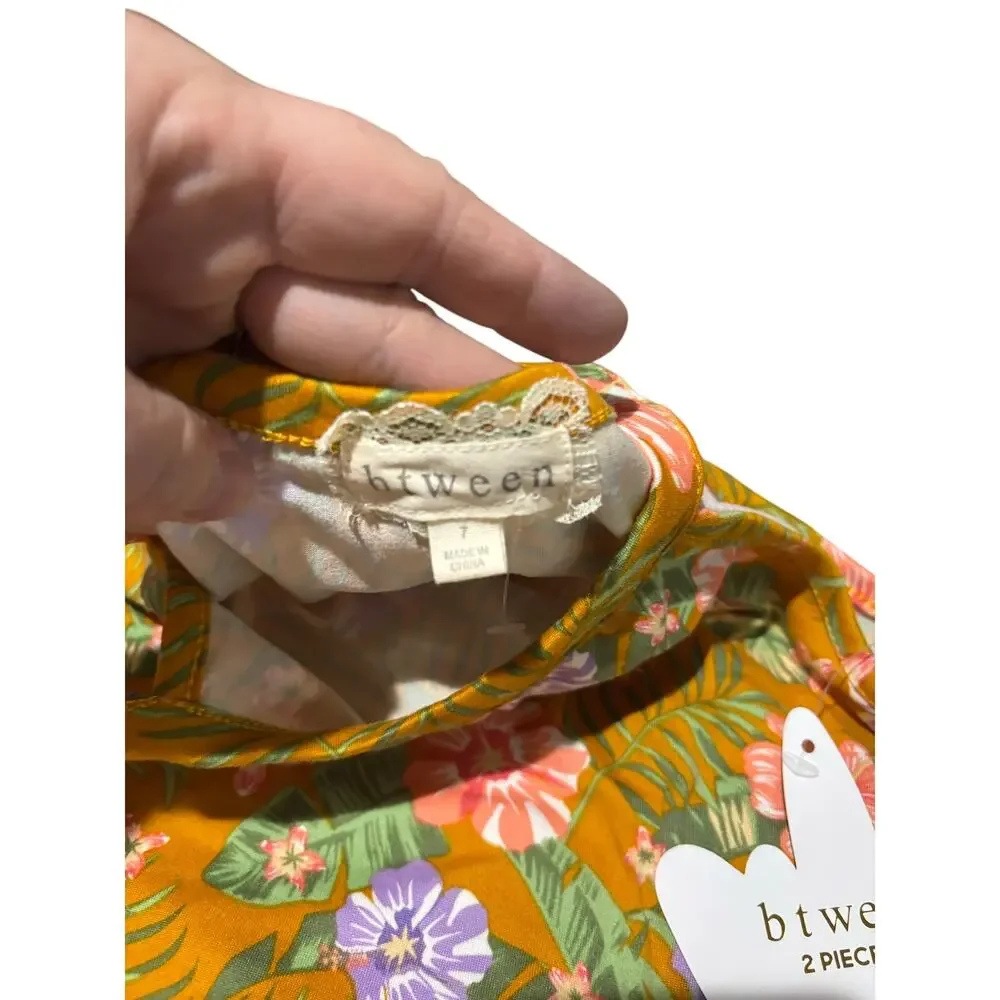 Btween 7 shorts tank set in mustard floral with scrunchie nwt soft & stretchy - Picture 5 of 8